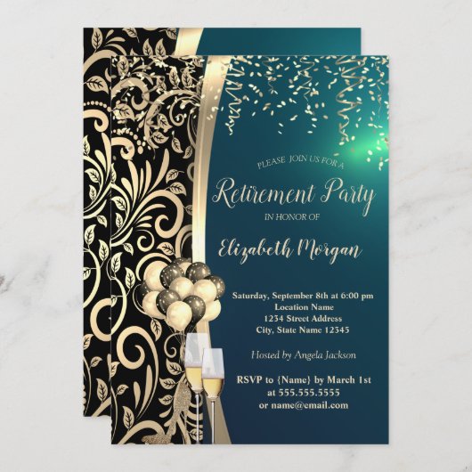 Invitation Glas à perles d'or, talons hauts, Retraite verte (Devant / Derrière)