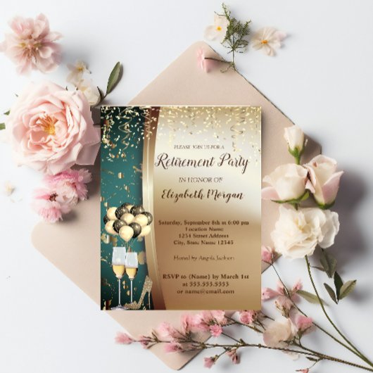 Invitation Glas à vin d'or, talons hauts, Ballons de retraite