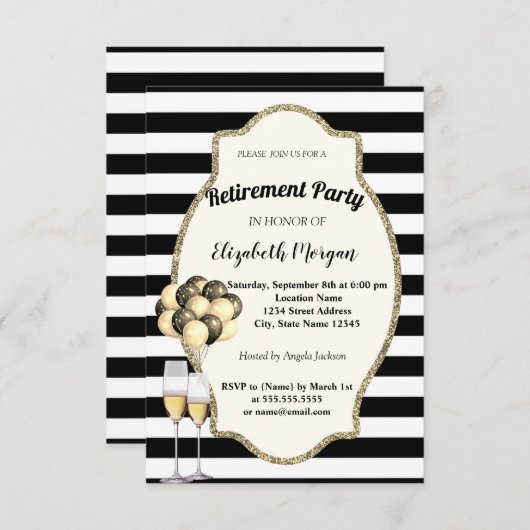 Invitation Glas de vin en rayures noires, Ballons, Parti de r (Devant / Derrière)