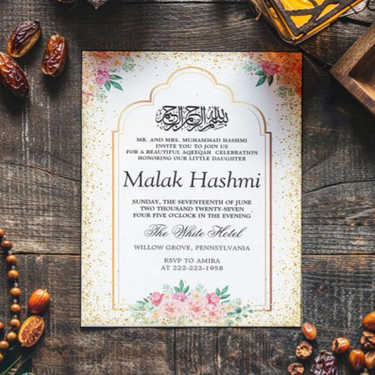 Invitation Gliter moderne Floral Baby islamique Aqiqa Aqeeqah