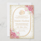 Invitation Gliter rose fleuri de luxe Aqiqa islamique Aqeeqah (Devant)