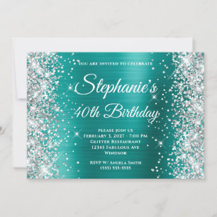 Invitation Glitter Argent Aqua Turquoise Monogram 40e Anniver