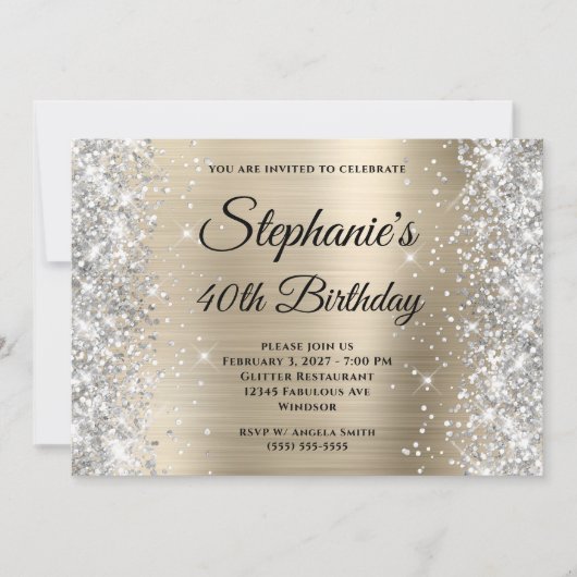 Invitation Glitter Argent Or Pâle Monogram 40e Anniversaire (Devant)