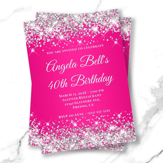Invitation Glitter Argent Rose Chaud Monogramme 40e Anniversa