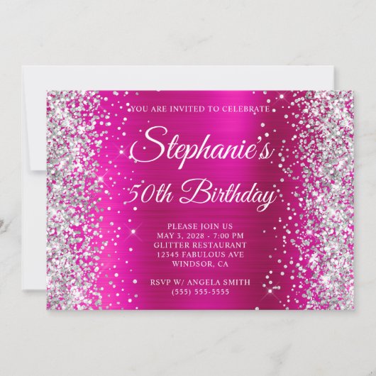 Invitation Glitter Argent Rose Chaude Monogramme 50e Annivers (Devant)