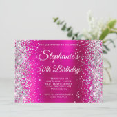 Invitation Glitter Argent Rose Chaude Monogramme 50e Annivers (Debout devant)