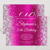 Invitation Glitter Argent Rose Chaude Monogramme 50e Annivers (Devant / Derrière)