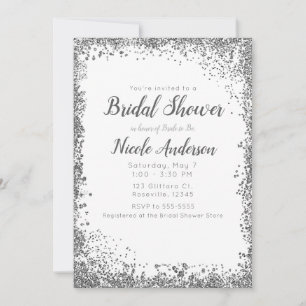 Invitation Glitter Argenté Blanc Mariage Moderne et Élégant