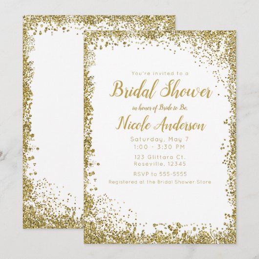 Invitation Glitter Argenté Blanc Mariage Moderne et Élégant (Devant / Derrière)