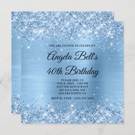 Invitation Glitter Bleu clair Fhuile Fancy Monogramme (Devant / Derrière)