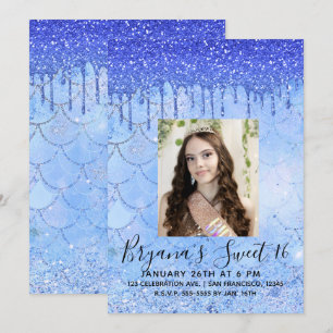 Invitation Glitter Bleu Glacé Dégoulinant Sirène Sweet 16 Pho