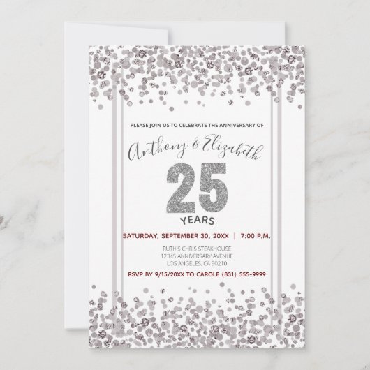 Invitation Glitter de confettis argentés pour 25e anniversair (Devant)