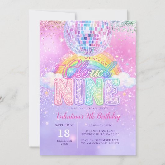 Invitation Glitter Disco Ball Pastel Cloud Nine Birthday (Devant)