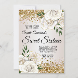 Invitation Glitter Doré Fleurs Blanches Glam Sweet Sixteen