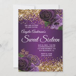 Invitation Glitter Doré Fleurs Violettes Glam Sweet Sixteen