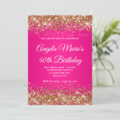 Invitation Glitter Doré Fuschia Fantaisie Monogramme 40e Anni (Debout devant)