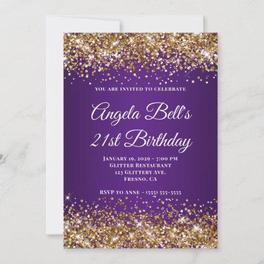 Invitation Glitter Doré Monogramme Violet Royal 21e Anniversa (Devant)