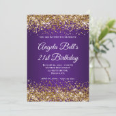 Invitation Glitter Doré Monogramme Violet Royal 21e Anniversa (Debout devant)