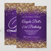 Invitation Glitter Doré Monogramme Violet Royal 21e Anniversa (Devant / Derrière)