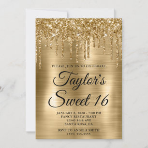 Invitation Glitter doré qui coule et douceur de 16 ans sous p