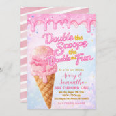 Invitation Glitter Double the Scoops Birthday Pastel Sparkle (Devant / Derrière)