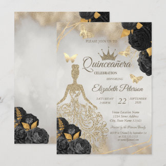 Invitation Glitter Dress,Butterfly Black Roses Quinceañera