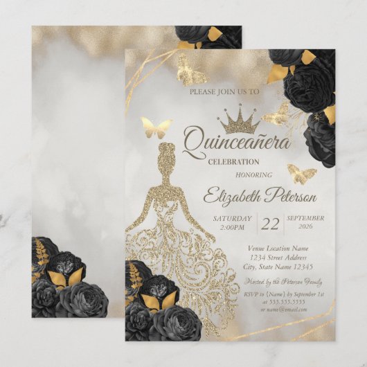 Invitation Glitter Dress,Butterfly Black Roses Quinceañera (Devant / Derrière)
