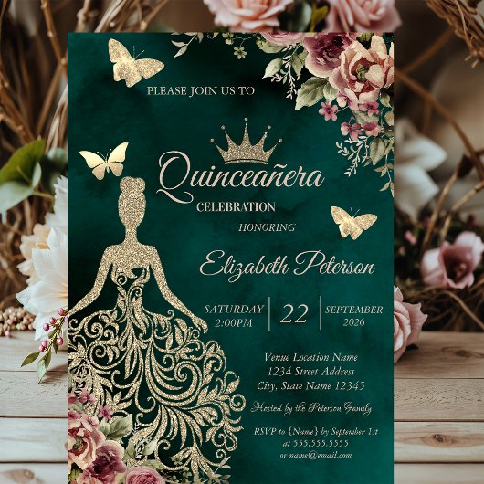 Invitation Glitter Dress,Butterfly Floral Green Quinceañera