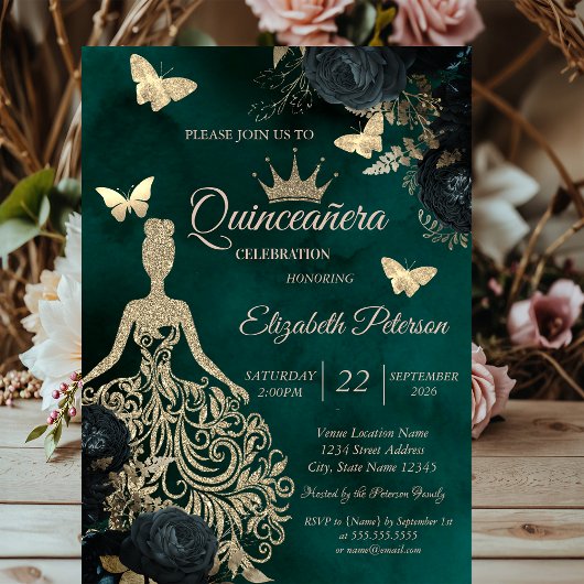 Invitation Glitter Dress,Butterfly Green Roses Quinceañera