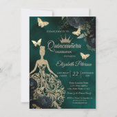Invitation Glitter Dress,Butterfly Green Roses Quinceañera (Devant)
