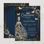 Invitation Glitter Dress,Butterfly Roses Navy BlueQuinceañera (Devant / Derrière)