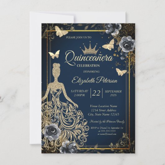 Invitation Glitter Dress,Butterfly Roses Navy BlueQuinceañera (Devant)