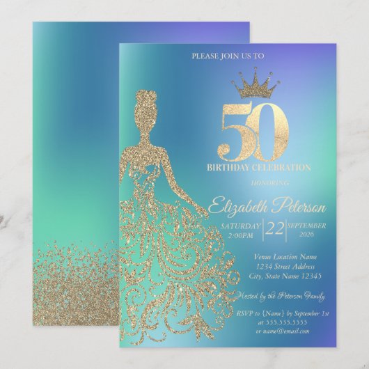 Invitation Glitter Dress, Diamonds Blue Ombre 50th Birthday (Devant / Derrière)