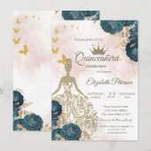 Invitation Glitter Dress,Gold Butterflies Green Roses 15th  (Devant / Derrière)