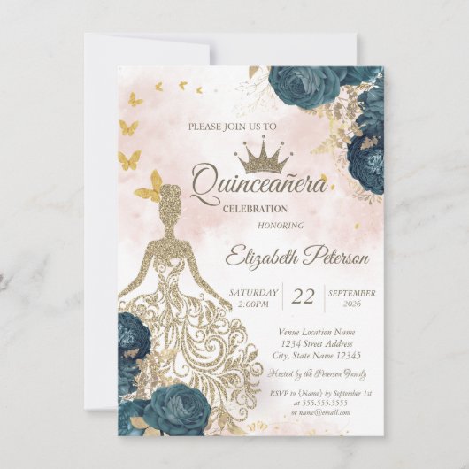 Invitation Glitter Dress,Gold Butterflies Green Roses 15th  (Devant)