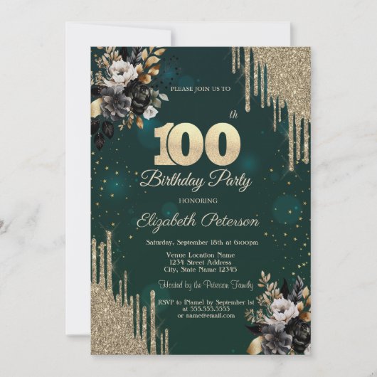 Invitation Glitter Drips Black Roses Green 100th Birthday  (Devant)