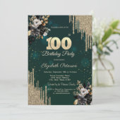Invitation Glitter Drips Black Roses Green 100th Birthday  (Debout devant)