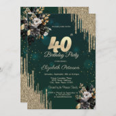 Invitation Glitter Drips Black Roses Green 40th Birthday  (Devant / Derrière)