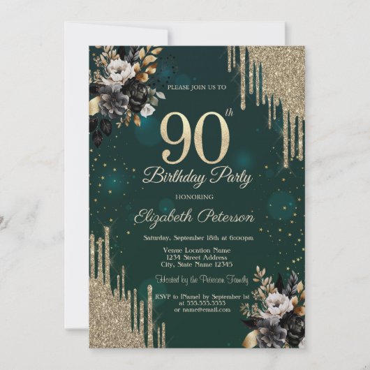 Invitation Glitter Drips Black Roses Green 90th Birthday  (Devant)