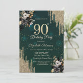 Invitation Glitter Drips Black Roses Green 90th Birthday  (Debout devant)
