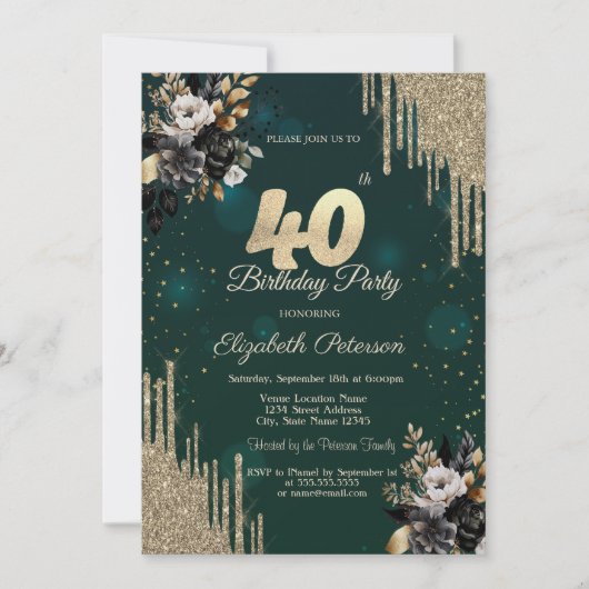 Invitation Glitter Drips Black Roses Vert 40e Anniversaire  (Devant)