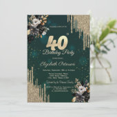 Invitation Glitter Drips Black Roses Vert 40e Anniversaire  (Debout devant)