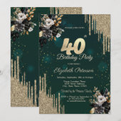 Invitation Glitter Drips Black Roses Vert 40e Anniversaire  (Devant / Derrière)