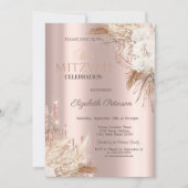 Invitation Glitter Drips Boho Fleurs Rose Gold Bat Mitzvah   (Devant)