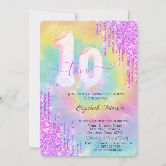 Invitation Glitter Drips Colorful Tie Dye 10th Birthday   (Devant)