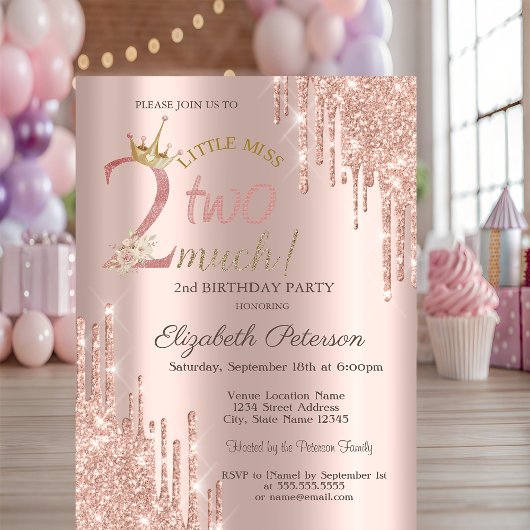Invitation  Glitter Drips Crow Rose Gold 2nd Birthday  