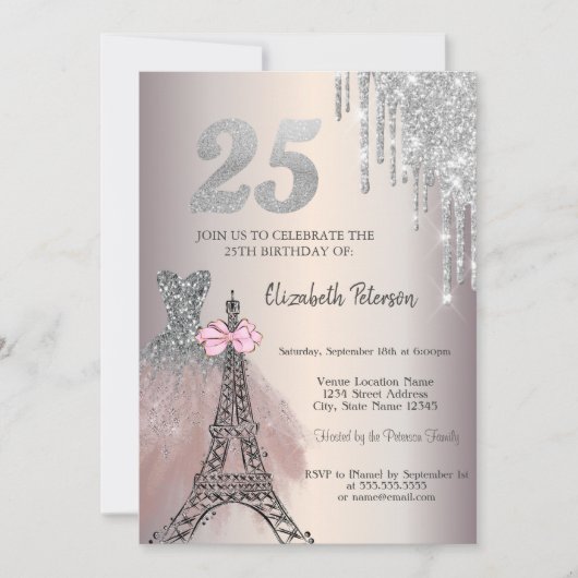 Invitation Glitter Drips Dress Eiffel Tower Bow 25th (Devant)