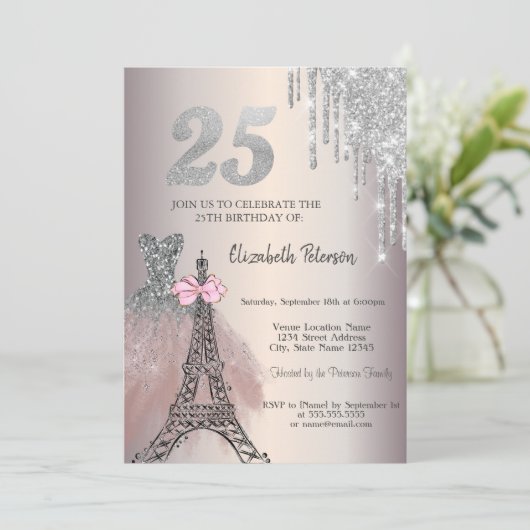 Invitation Glitter Drips Dress Eiffel Tower Bow 25th  (Debout devant)