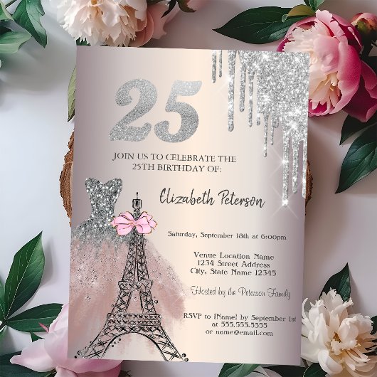Invitation Glitter Drips Dress Eiffel Tower Bow 25th
