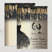 Invitation Glitter Drips Dress Wine Glass Gold 60th  (Devant / Derrière)
